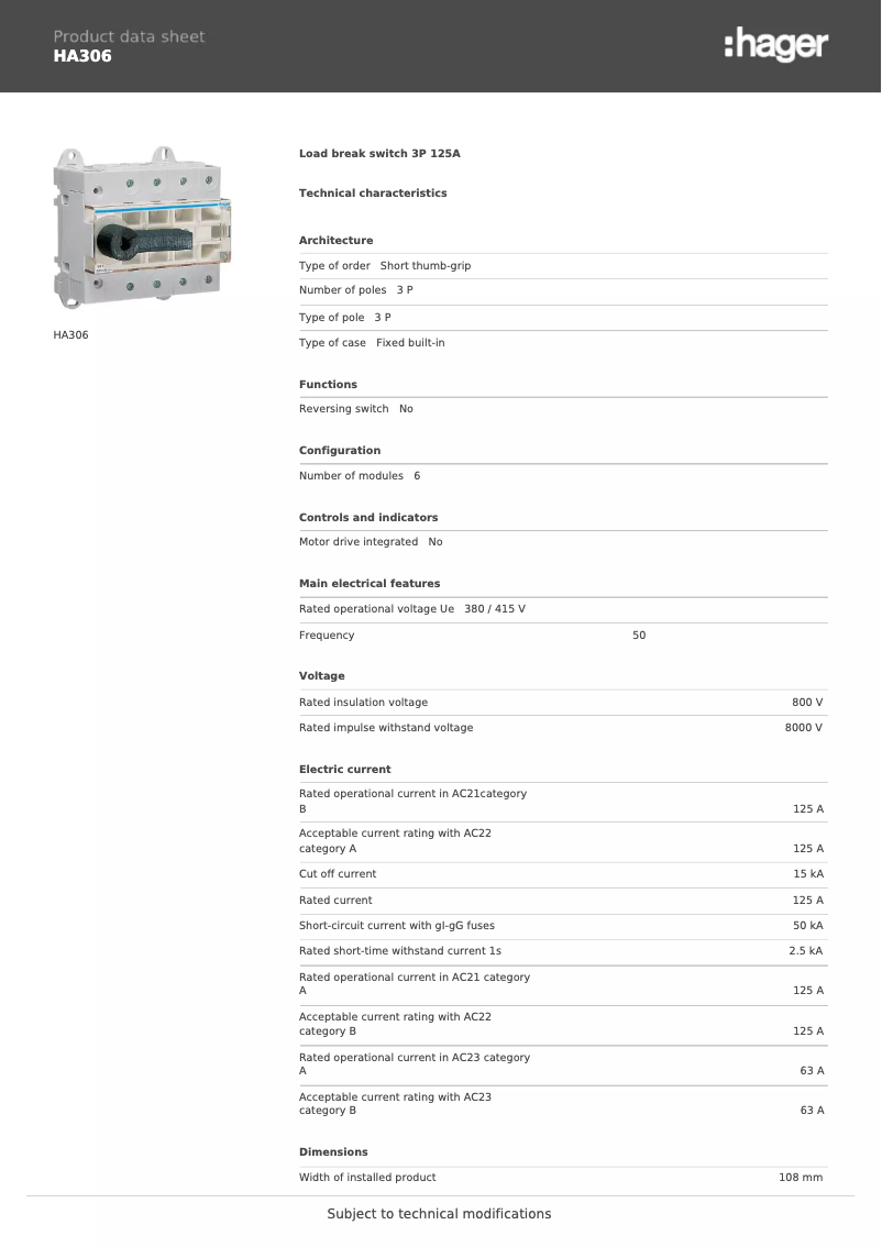 Page n°1 - Fiche technique Hager HA306