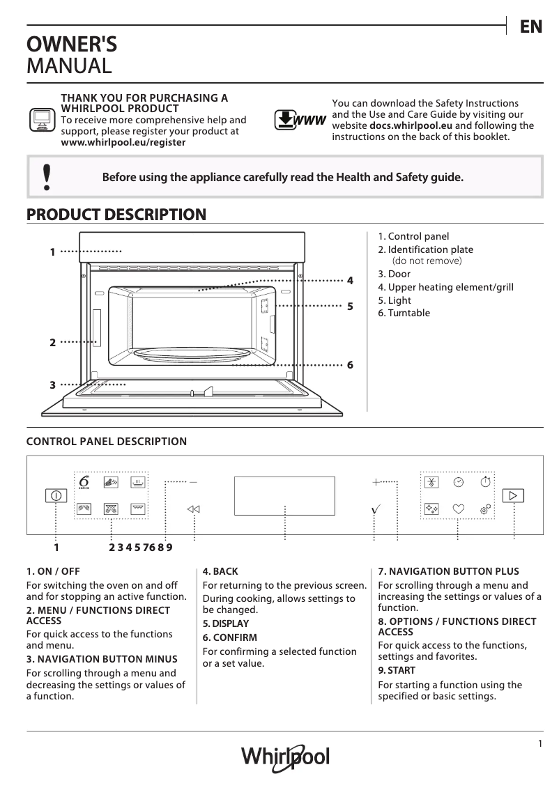 Page 1 de la notice Manuel d'utilisation et d'entretien Whirlpool W6 MD440
