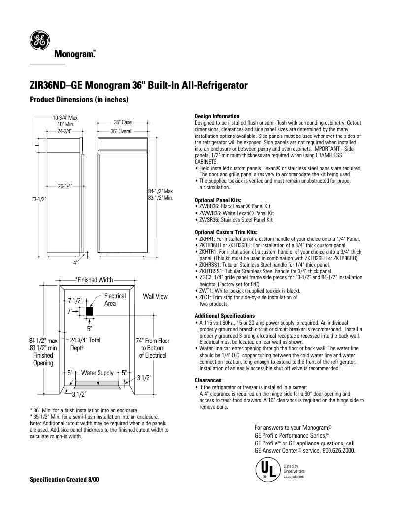 Page n°1 - Fiche technique GE ZIR36NDRH