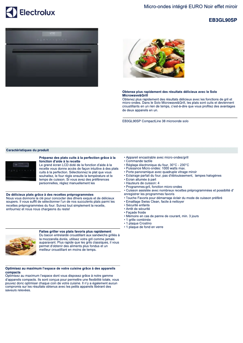 Page 1 de la notice Fiche technique Electrolux EB3GL90SP