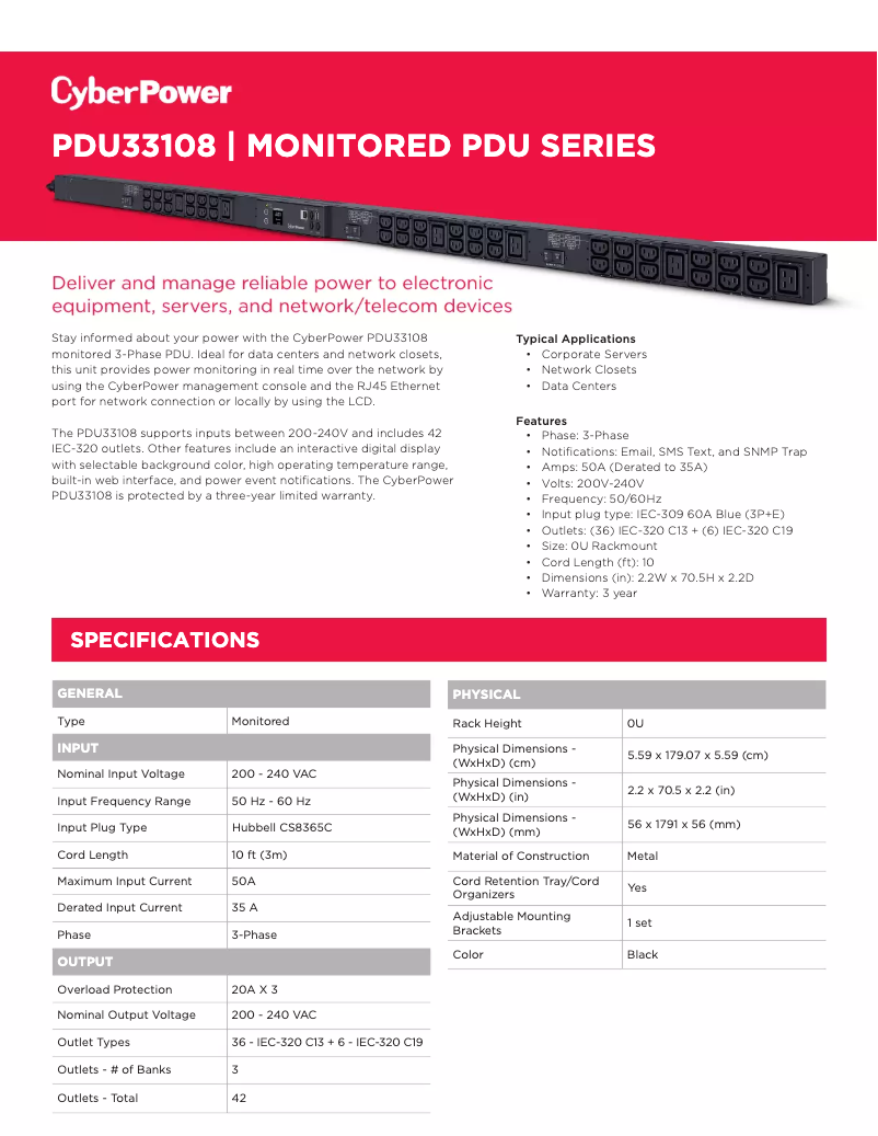 Page 1 de la notice Fiche technique CyberPower PDU33108