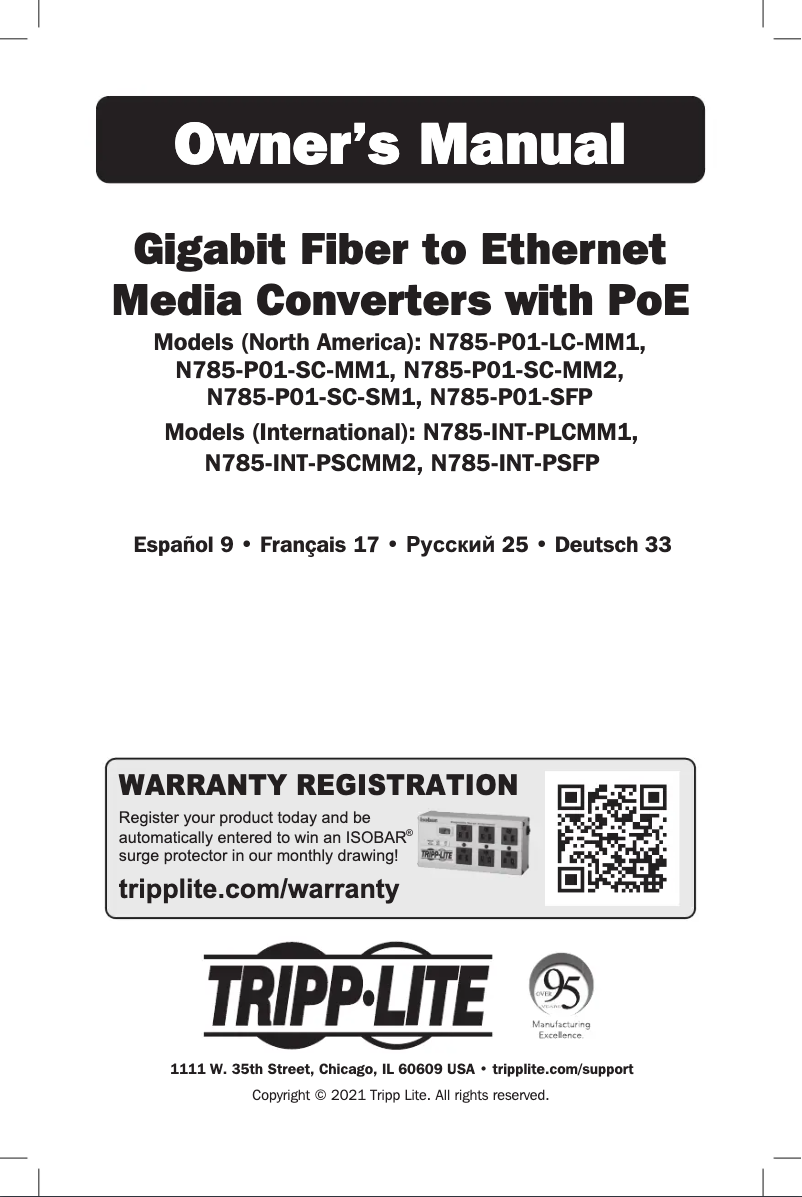 Page 1 de la notice Manuel utilisateur Tripp Lite N785-P01-SC-MM2