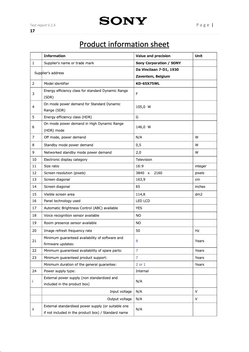 Page 1 de la notice Fiche technique Sony KD-65X75WL
