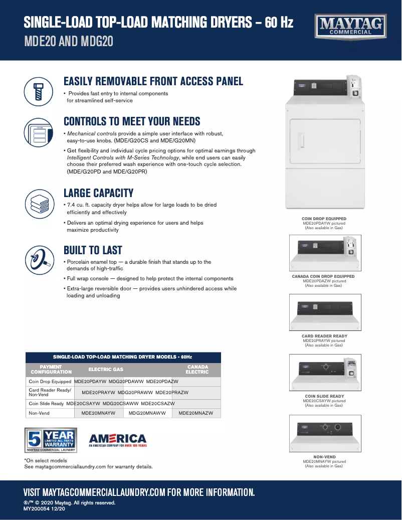 Page 1 de la notice Fiche technique Maytag MDG20PRAWW