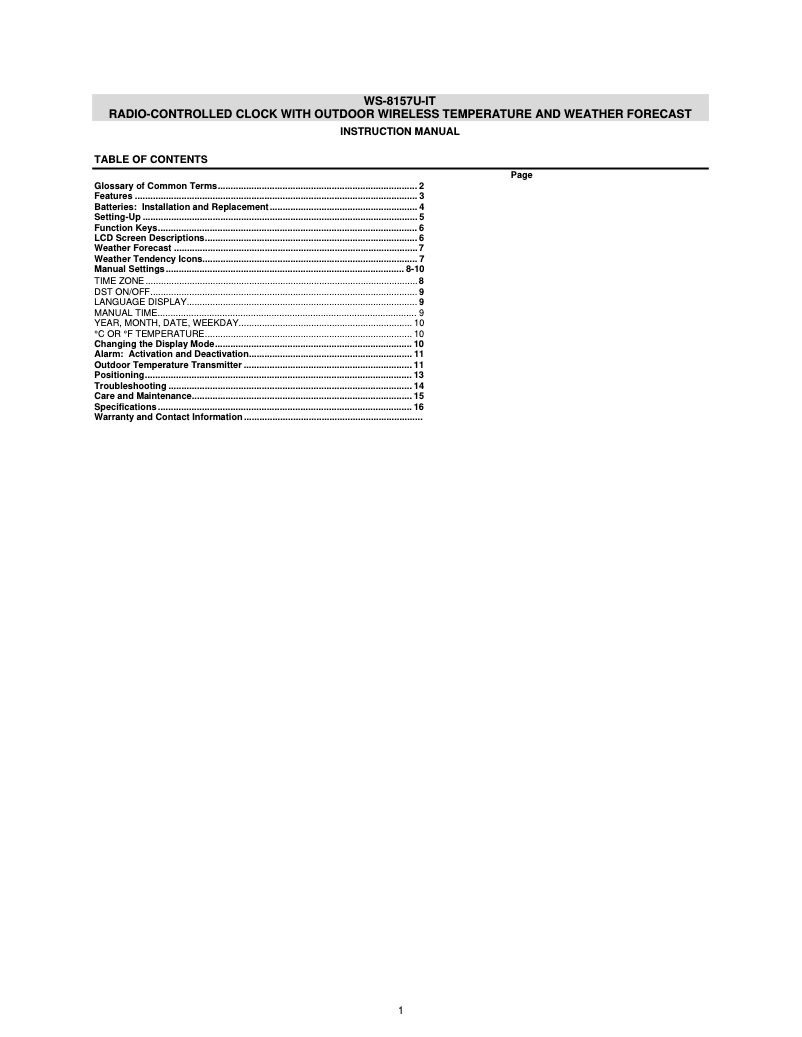 Page n°1 - Manuel utilisateur La Crosse Technology WS-8157U-CH-IT