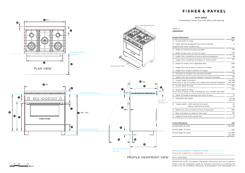 Page 1 de la notice Fiche technique Fisher & Paykel OR90SPG6X1