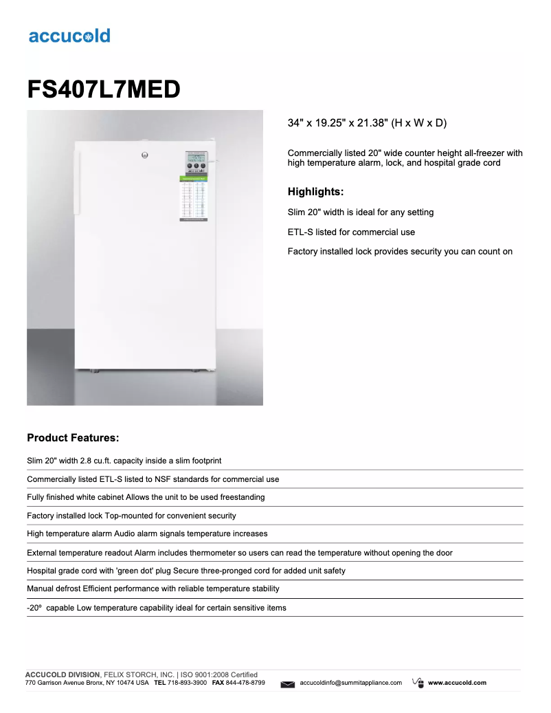 Page n°1 - Fiche technique Summit Accucold FS407L7MED