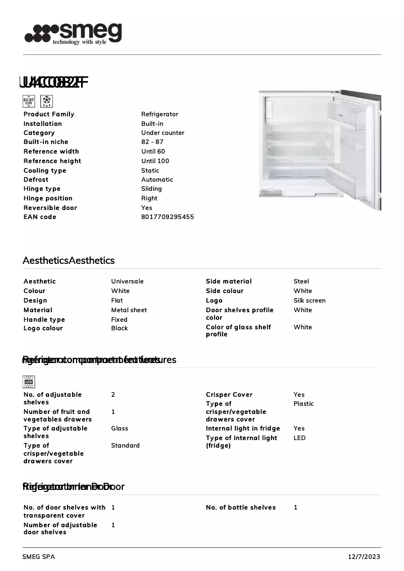 Page 1 de la notice Fiche technique Smeg U4C082F