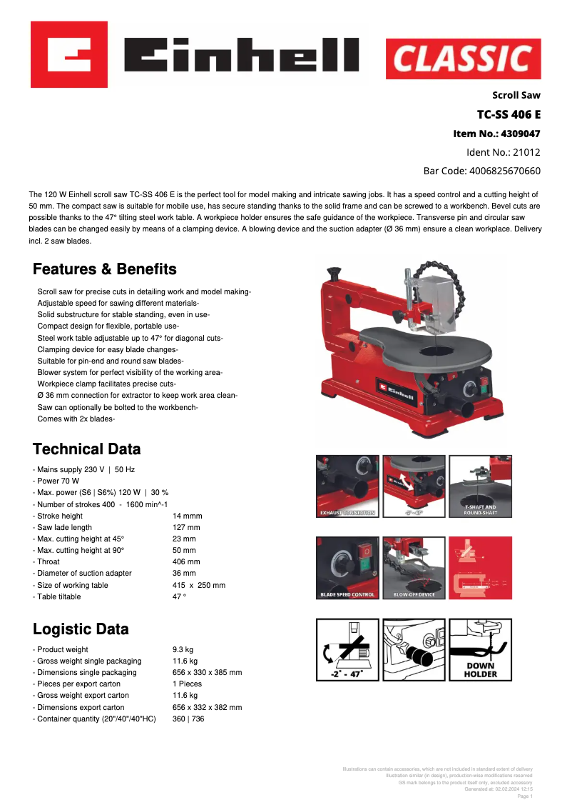 Page n°1 - Fiche technique Einhell TC-SS 406 E