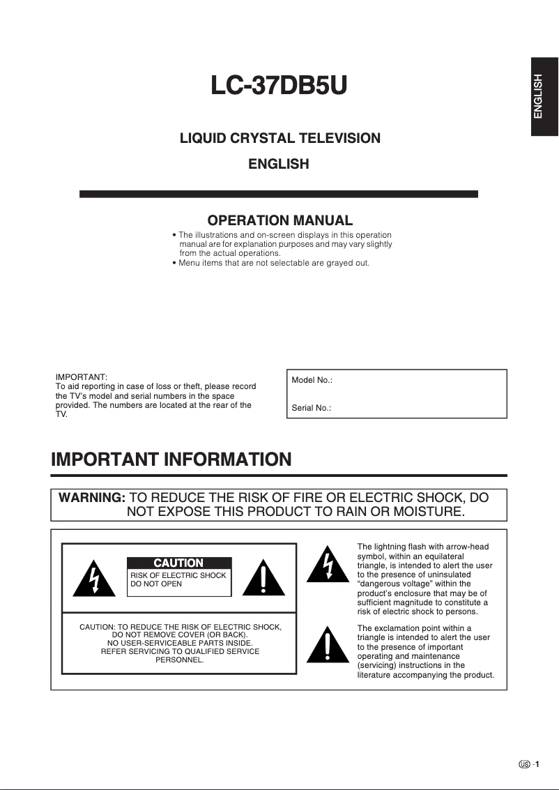 Page 1 de la notice Manuel utilisateur Sharp LC-37DB5U