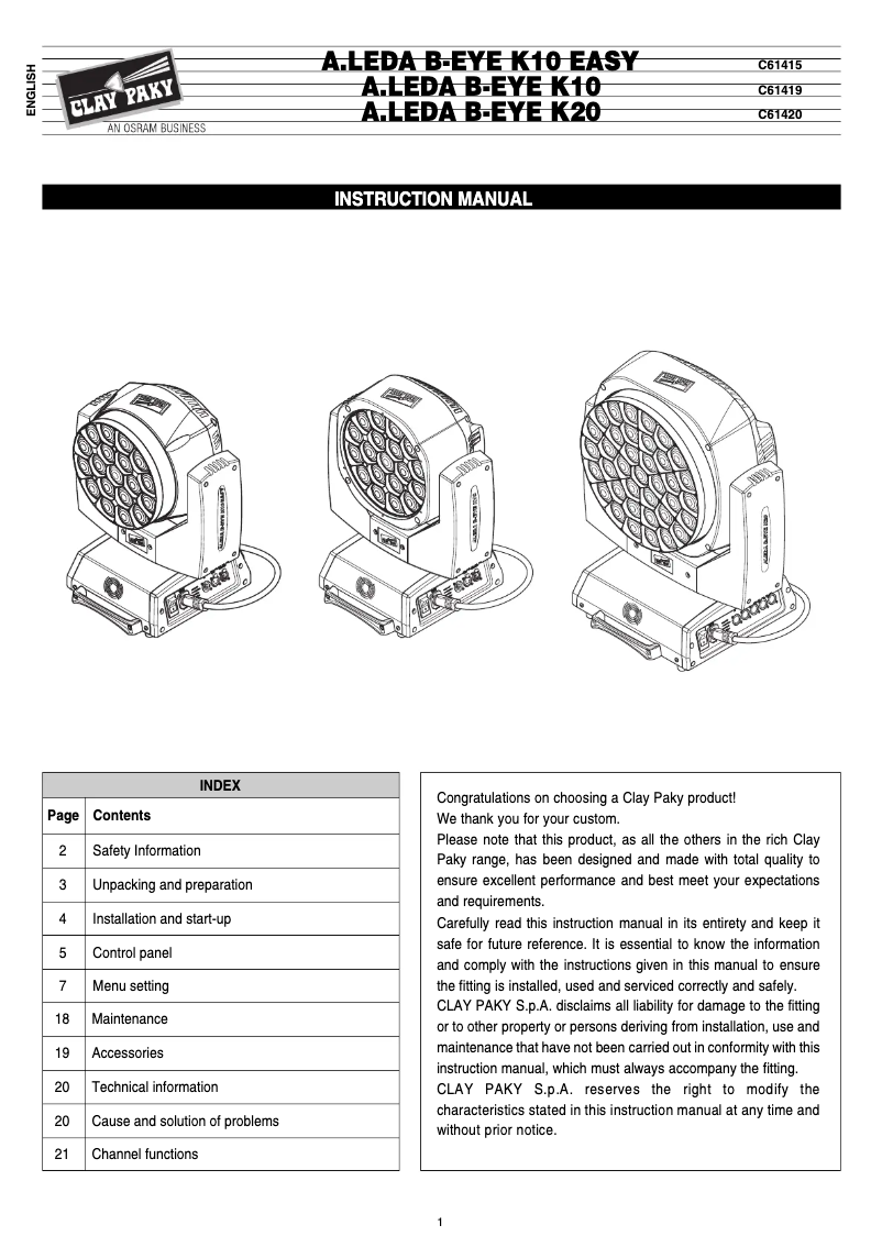 Page 1 of the manual User Manual Claypaky A.Leda B-Eye K20