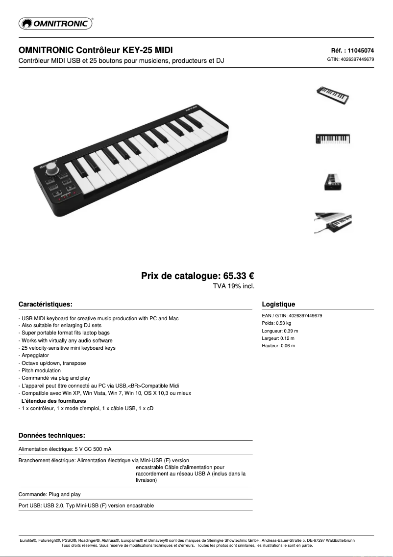 Page 1 de la notice Fiche technique Omnitronic KEY-25