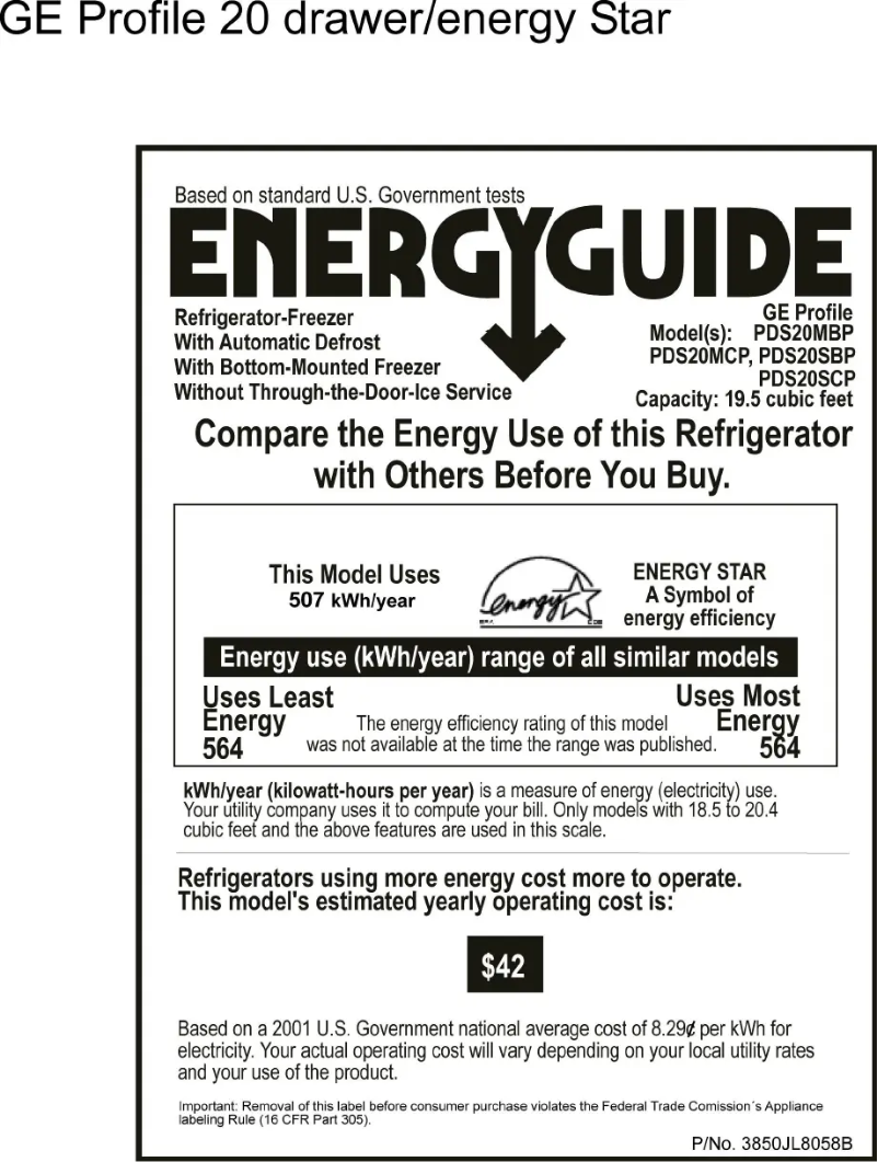 Page 1 de la notice Label énergétique GE Profile PDS20SBPLSS