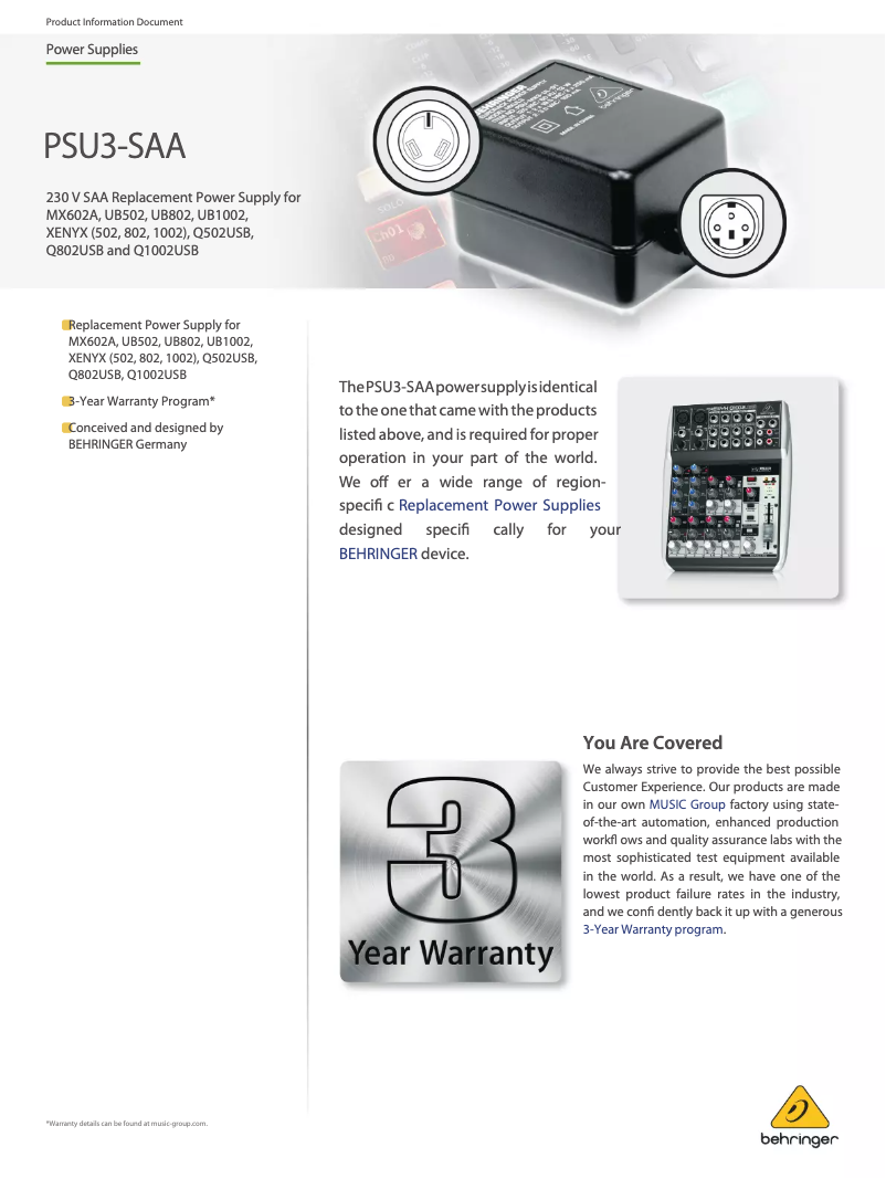 Page 1 de la notice Manuel utilisateur Behringer PSU3-SAA