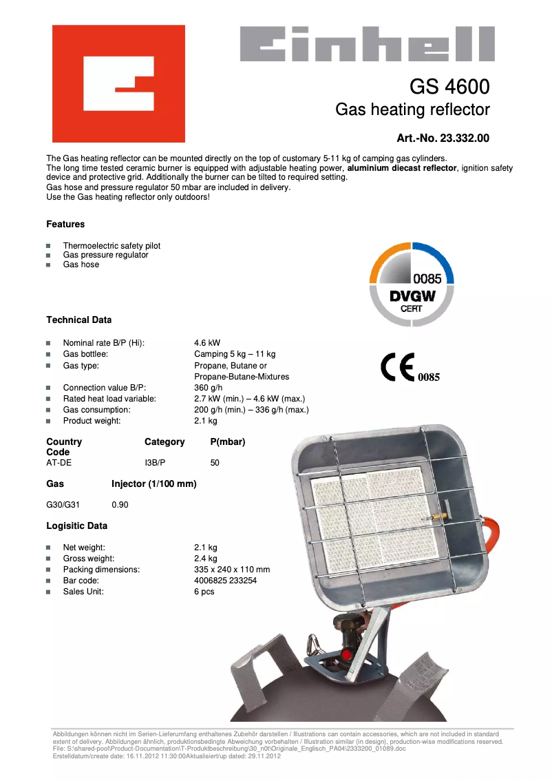 Page n°1 - Fiche technique Einhell GS 4600