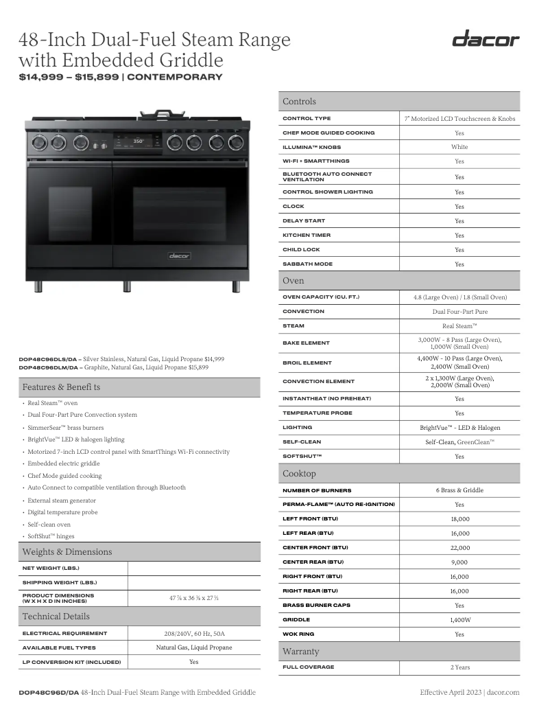Page n°1 - Fiche technique Dacor DOP48C96DLM