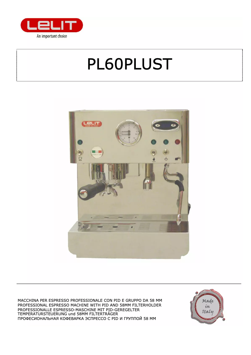 Page 1 de la notice Manuel utilisateur Lelit Diana PL60 PlusTR1