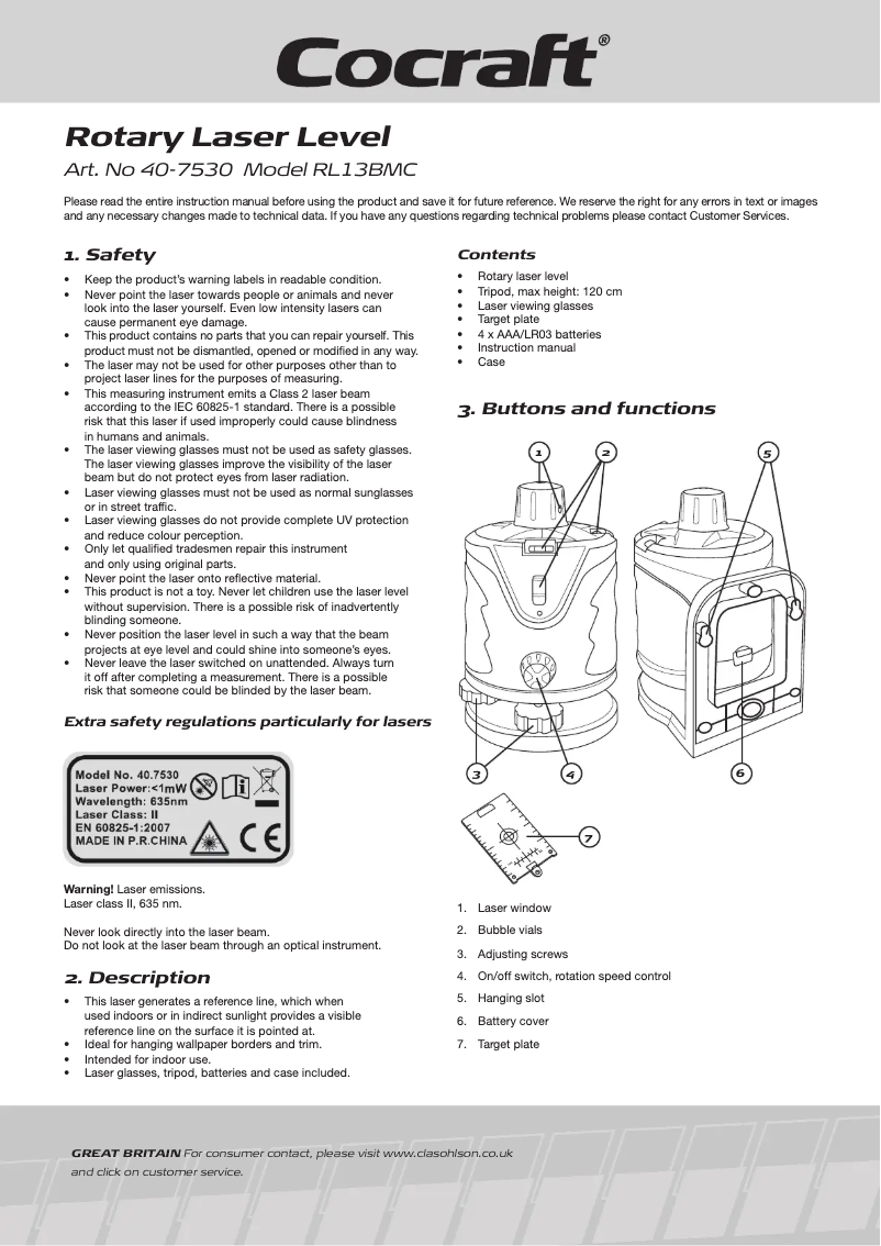 Page 1 of the manual User Manual Cocraft RL13BMC
