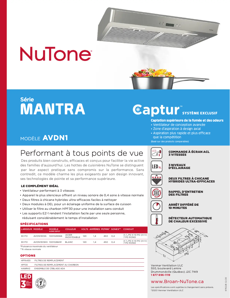 Page 1 de la notice Brochure NuTone AVDN130SS