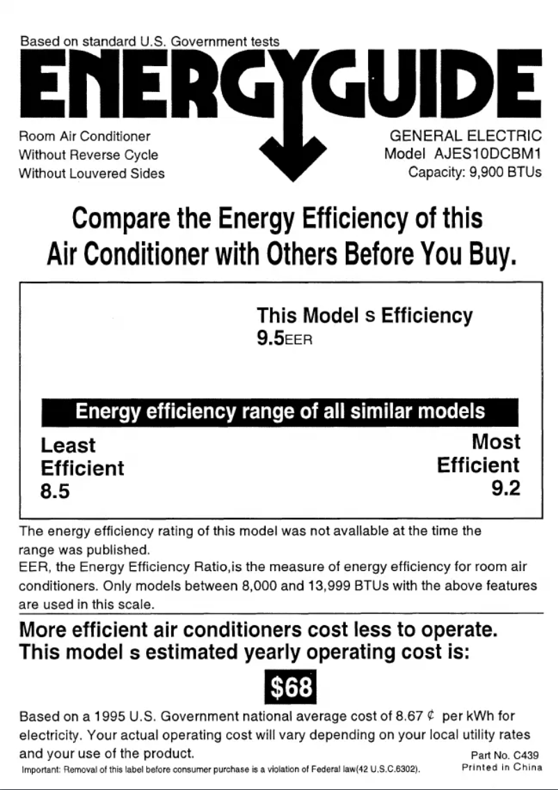 Page 1 de la notice Label énergétique GE AJES10DCB