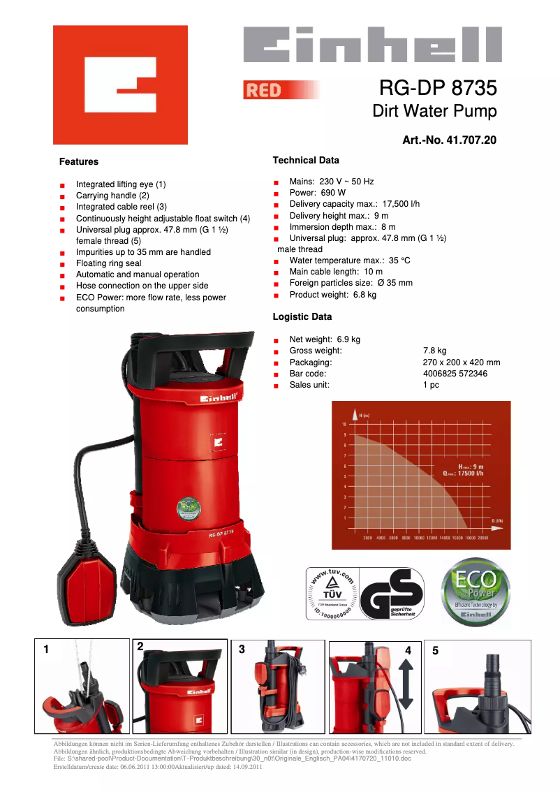 Page n°1 - Fiche technique Einhell GE-DP 6935 ECO