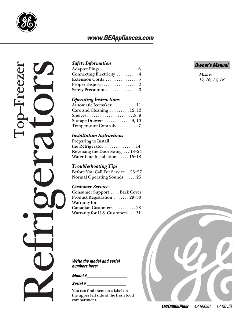 Page 1 de la notice Manuel d'utilisation et d'entretien GE TBX18JIBBB