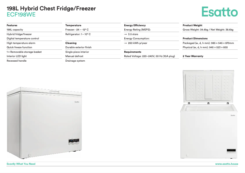 Page 1 de la notice Fiche technique Esatto ECF198WE