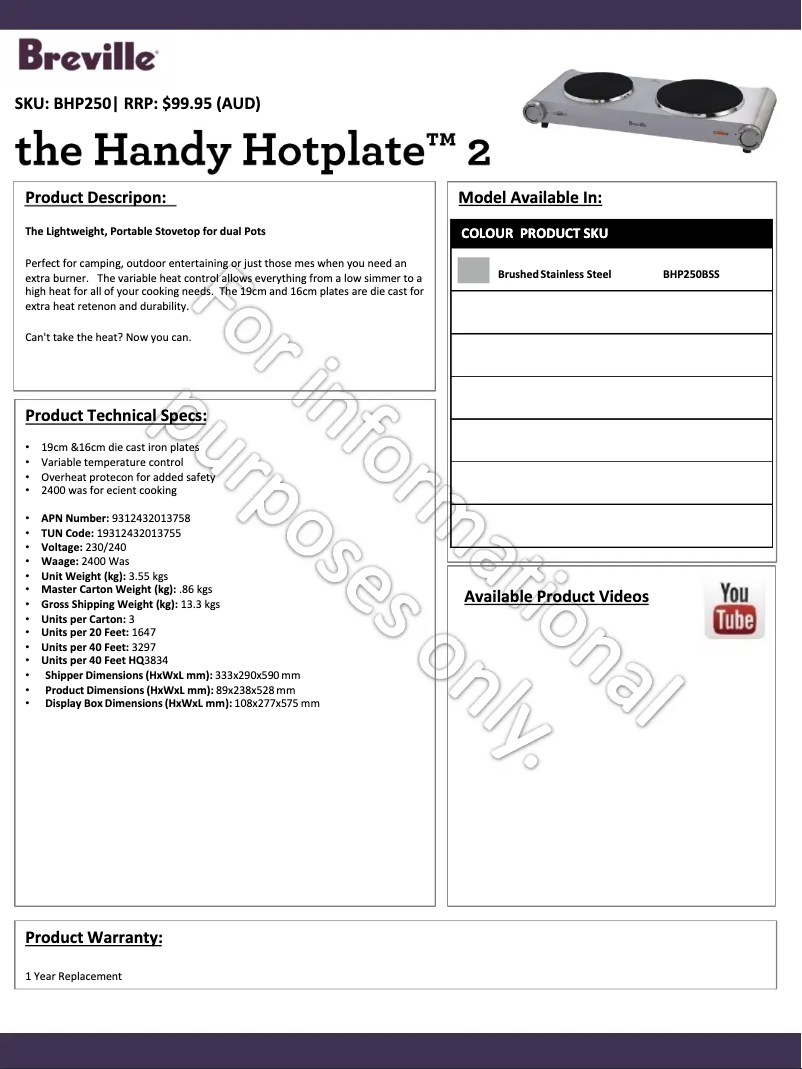 Image de la première page du manuel de l'appareil the Handy Hot Plate BHP250