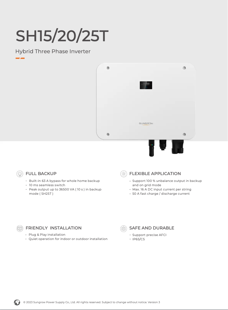 Page 1 de la notice Fiche technique Sungrow SH15T