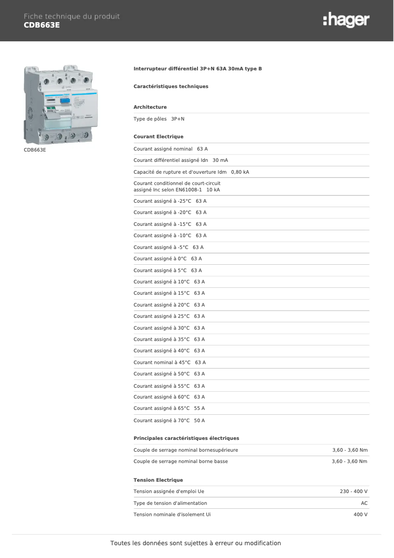 Page n°1 - Fiche technique Hager CDB663E