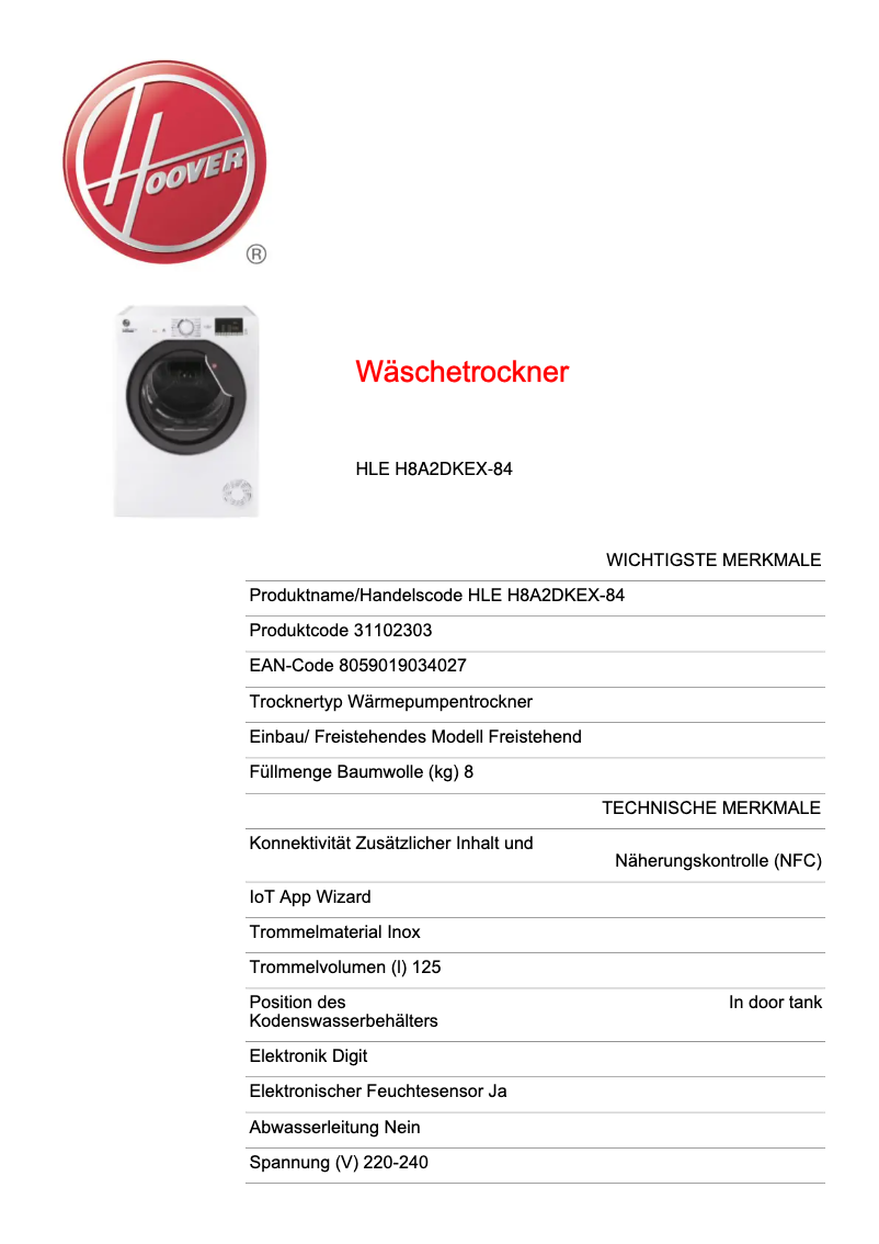 Page n°1 - Fiche technique Hoover HLE H8A2DKEX-84