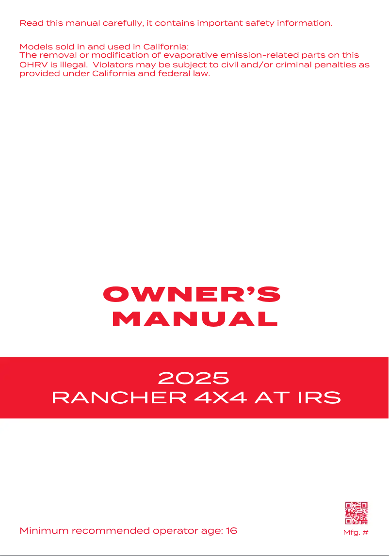 Page n°1 - Manuel utilisateur Honda Rancher Fourtrax (2025)