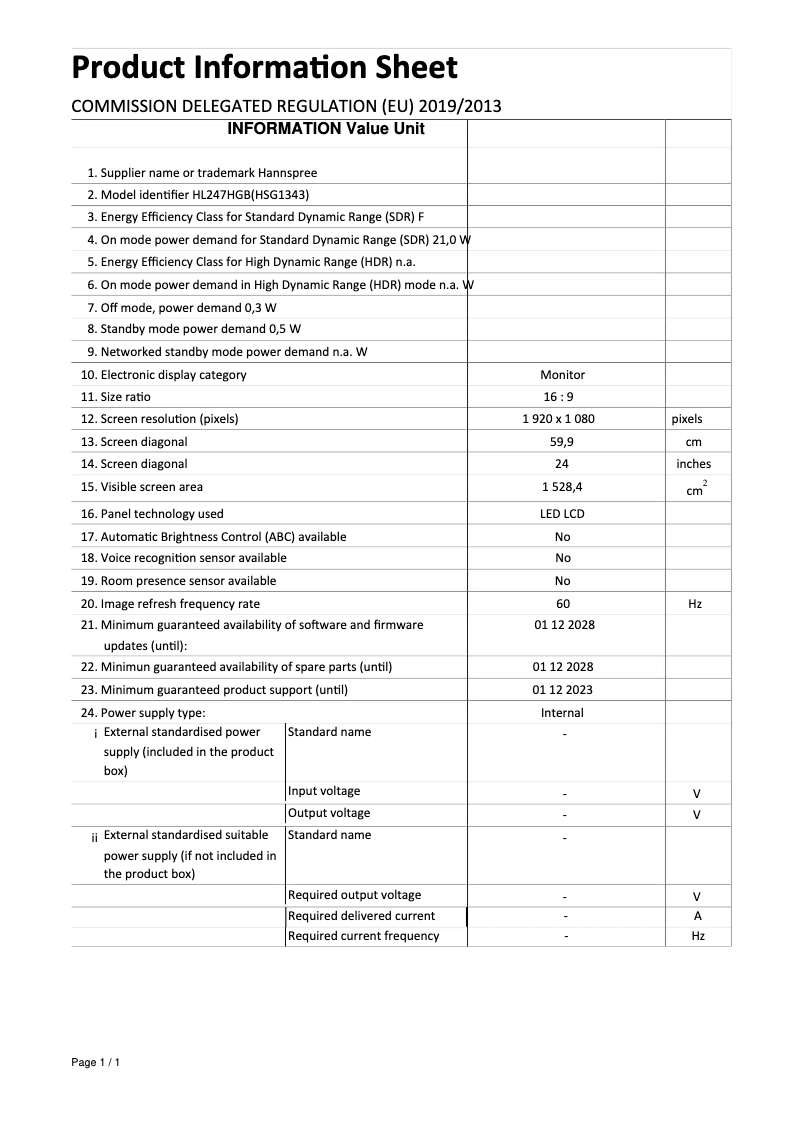 Page 1 de la notice Manuel utilisateur Hannspree HL 247 HGB