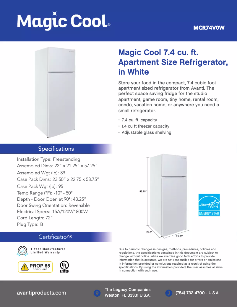 Page n°1 - Fiche technique Magic Cool MCR74V0W