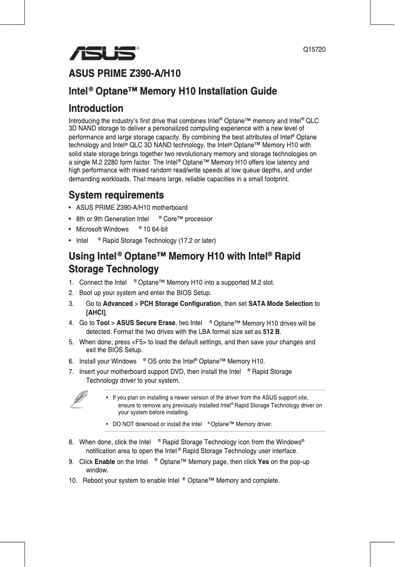 Page 1 de la notice Guide de démarrage rapide Asus Prime Z390-A