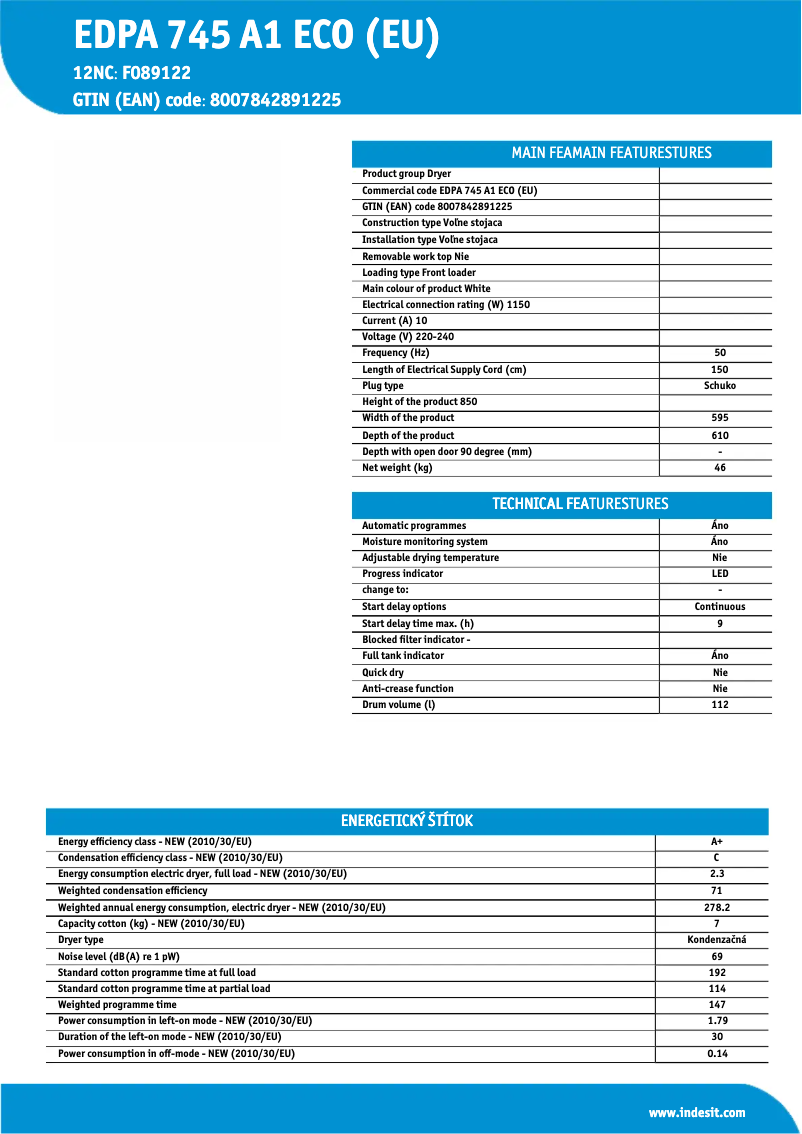 Page 1 de la notice Fiche technique Indesit EDPA 745 A1 ECO (EU)