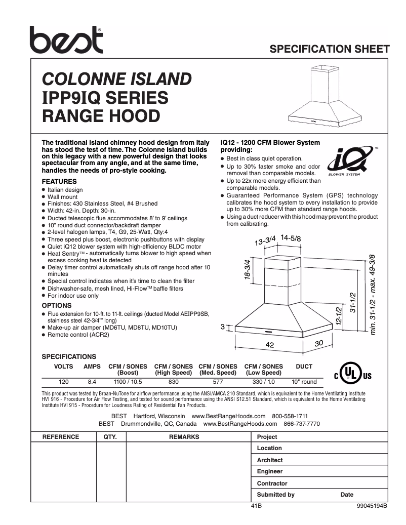 Page 1 de la notice Fiche technique Best Colonne Island IPP9IQT42SB
