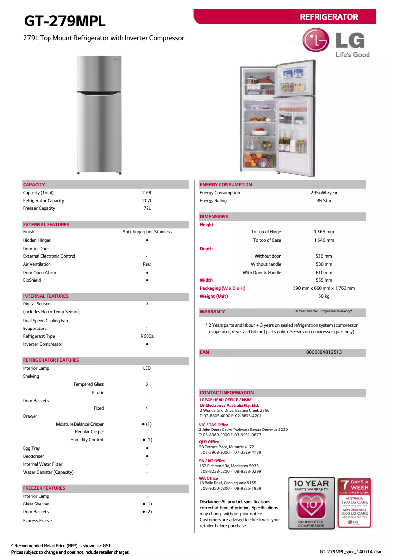 Page 1 de la notice Fiche technique LG GT-279MPL
