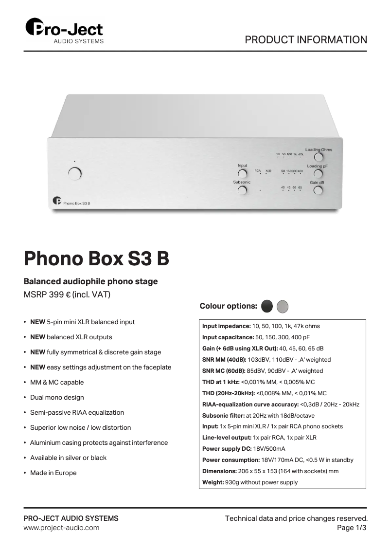 Page n°1 - Fiche technique Pro-Ject Phono Box S3 B