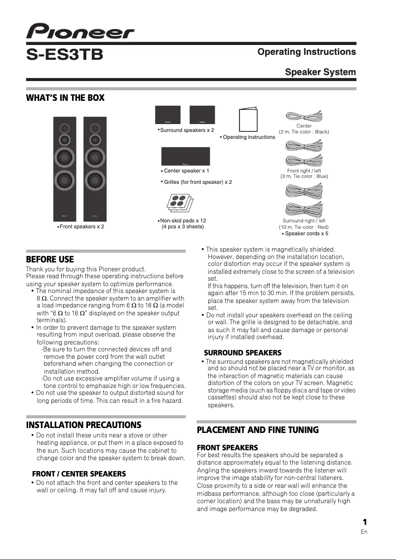 Page 1 de la notice Manuel utilisateur Pioneer S-ES3TB