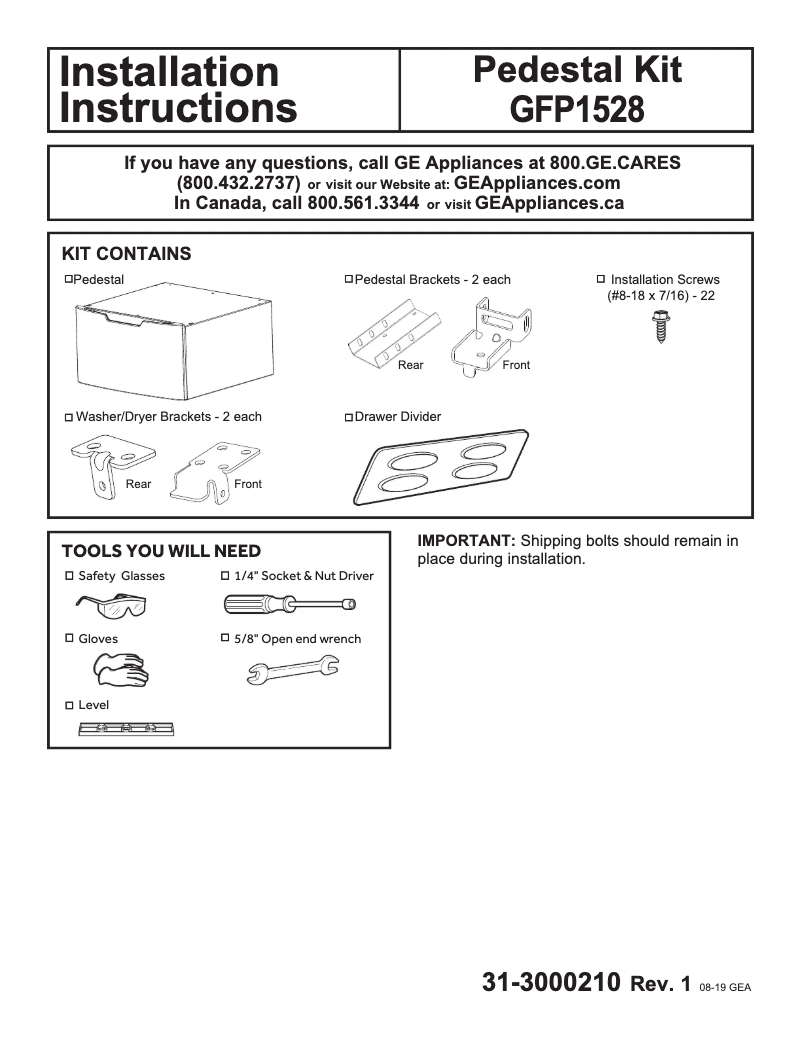 Page 1 de la notice Guide d'installation GE GFP1528PNRS