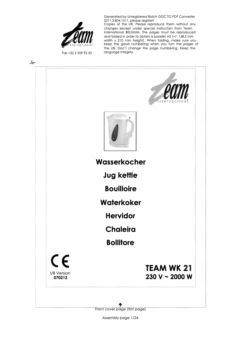 Page n°1 - Manuel utilisateur Team WK 21