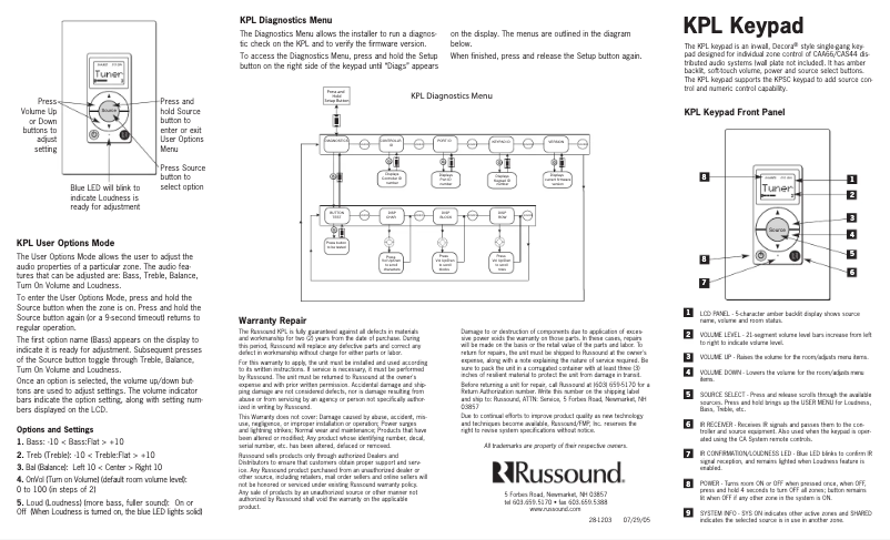 Page n°1 - Manuel utilisateur Russound KPL Keypad