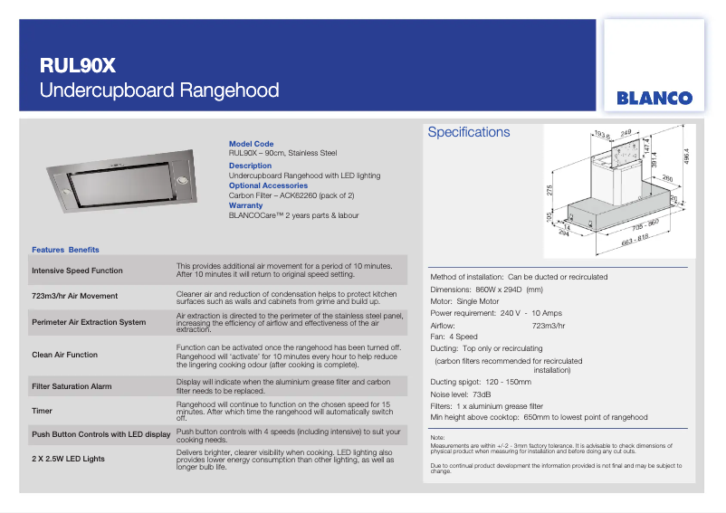 Page 1 de la notice Fiche technique BLANCO RUL90X