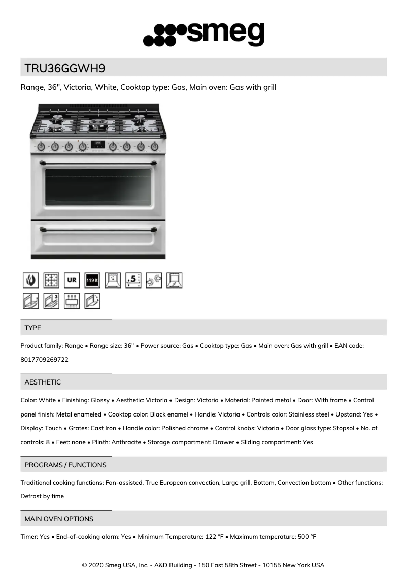 Page 1 de la notice Fiche technique Smeg TRU36GGWH9