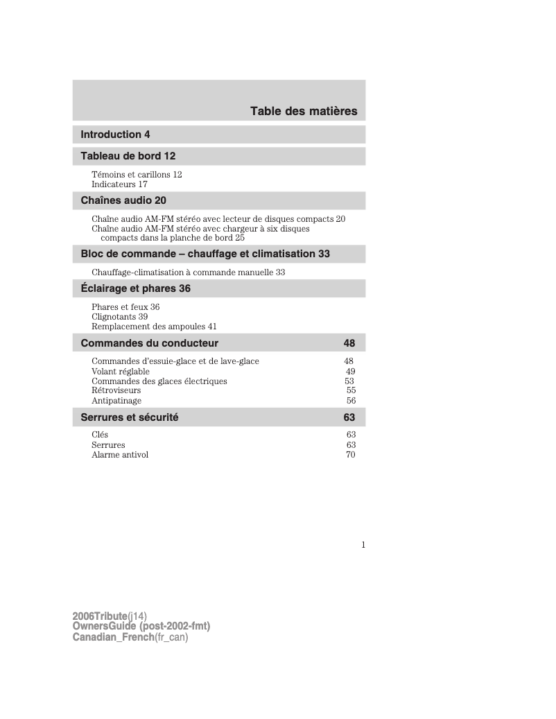 Page 1 de la notice Manuel utilisateur Mazda Tribute (2006)