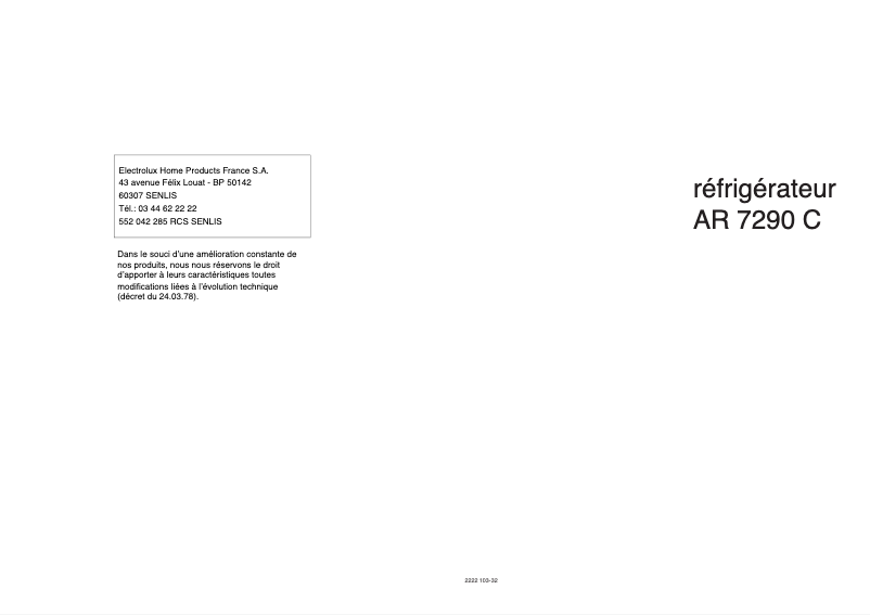 Page n°1 - Manuel utilisateur Arthur Martin-Electrolux AR7290C