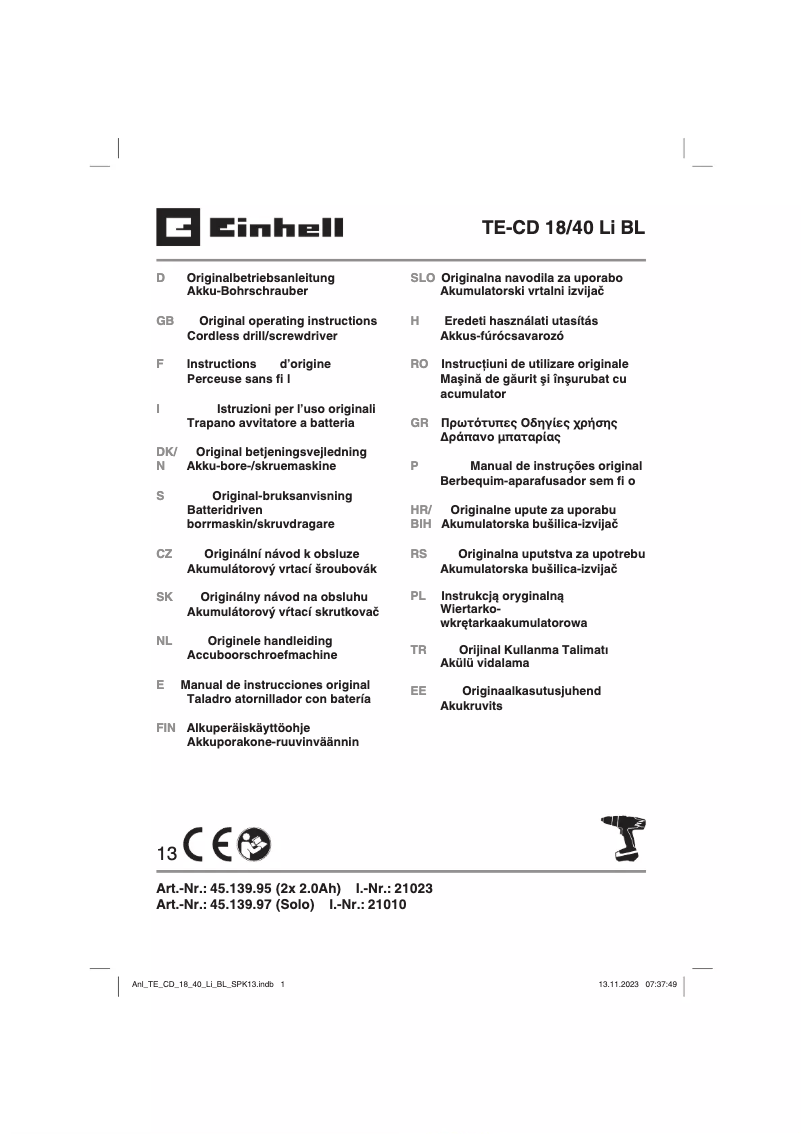 Page n°1 - Manuel utilisateur Einhell TE-CD 18/40 Li BL