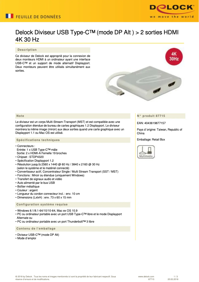 Page 1 de la notice Manuel utilisateur DeLOCK 87715