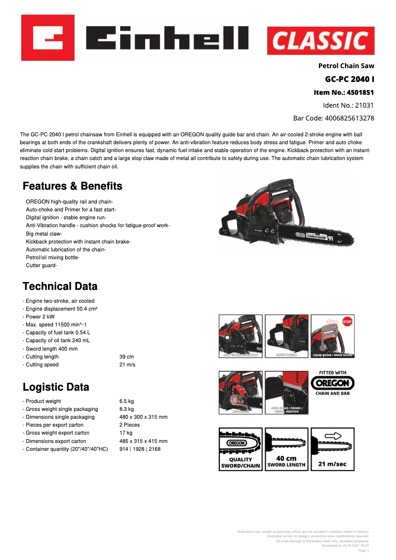 Page n°1 - Fiche technique Einhell GC-PC 2040 I
